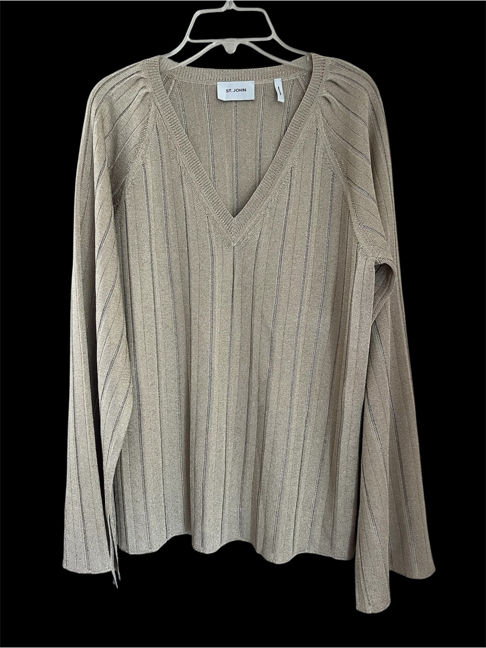 St John Gold Metallic Ribbed Knit V-neck Sweater Womens L Tan Slit Sleeve Luxury